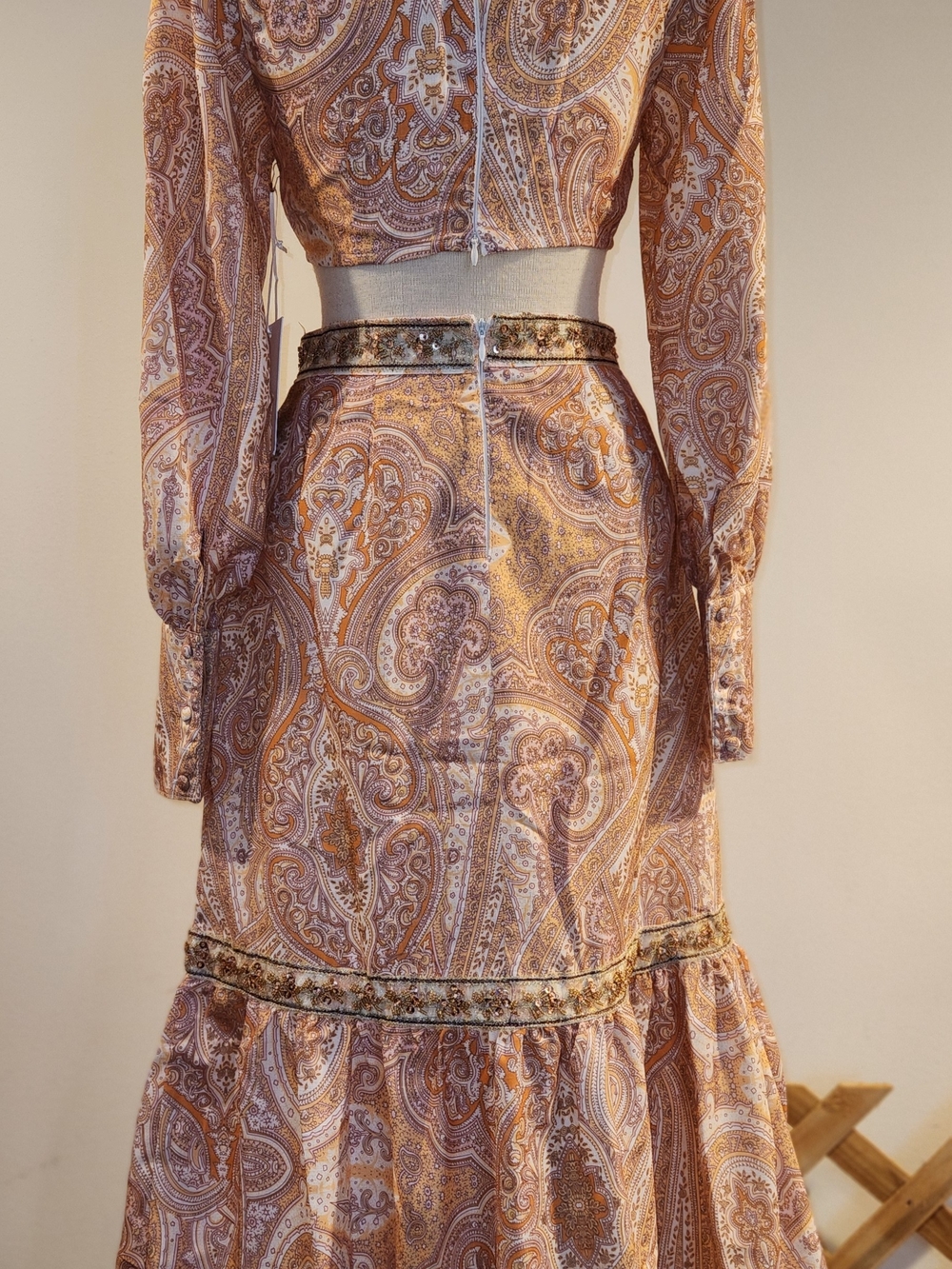Paisley Long Sleeve Maxi Dress in Taupe and Cream - Picture 2 of 7